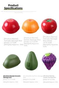 Detail of fruit and vegetable shaped storage containers for tomato, onion, and avocado