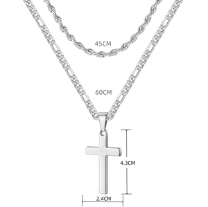 Collier double couche argent avec croix montrant les longueurs de chaîne de 45cm et 60cm