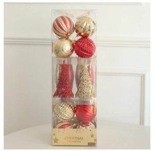 Front view of 34-pack red and gold Christmas ornaments set in transparent box