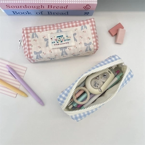 Large capacity checkered canvas pencil case with cute floral labels and zip closure
