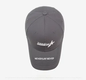 Detailed top view of dark grey cotton baseball cap with white letter embroidery