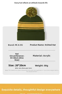 Detail view of dark green knit beanie with yellow stripes and soft acrylic pom pom
