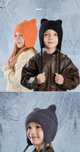 Detailed knit texture of children's winter cat ear hat with earflaps in various colors