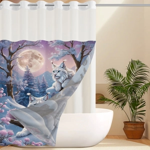 Detail of digital print shower curtain featuring two white cats in a moonlit snow forest