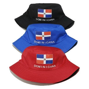 Summer bucket hats in black, blue, and red with Dominican Republic flag and text