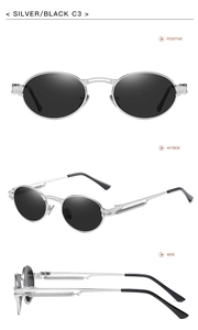 Three-angle view of silver steampunk sunglasses with black lenses and spring hinges