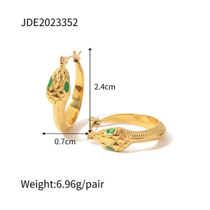 Detailed view of snake earrings with green enamel eyes and precise size dimensions