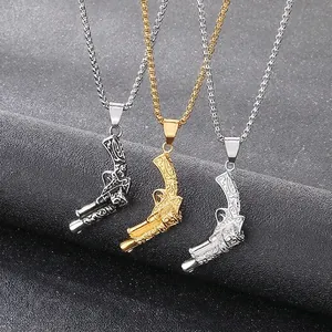 Revolver Pistole Anhänger Halskette Edelstahl Geschnitztes Relief Hip Hop Punk Vintage Streetwear Schmuck Für Herren