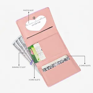 Pink rabbit tri-fold wallet for girls featuring a photo slot and multiple card compartments