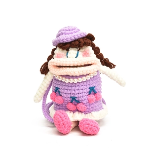 Cute handmade crochet doll shoulder bag in purple cherry dress with big lips