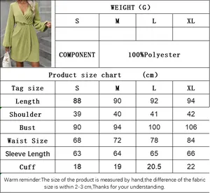 Size guide with measurements for the asymmetric long sleeve solid color mini dress