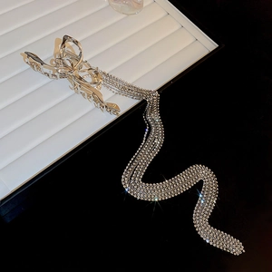 Détail de la pince à cheveux papillon argentée avec de longs glands en strass