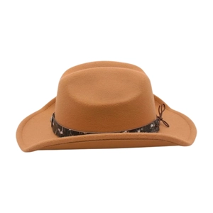 Detail of tan felt cowboy hat with textured black leather band and metal buckle accents