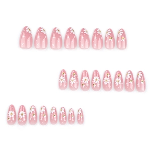 Almond press-on nails set with honeybee and daisy patterns on pink glitter base