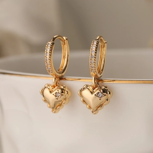 Exquisite gold-plated heart drop earrings featuring sparkling zircon stone settings