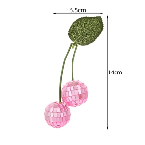 Pink cherry disco ball ornament with green leaves for party decor, 14cm mirror glass ball