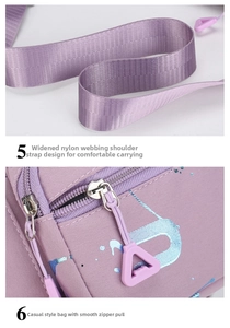 Close-up of wide strap and purple zipper details with blue letter graphic print on waist bag