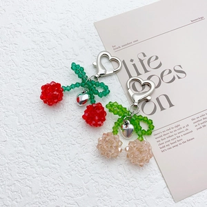 Handmade crystal beaded cherry keychain with silver heart pendant for cute bags