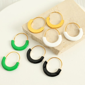 French Style Geometric Round Stainless Steel Enamel Earrings For Women Elegant Gold Tone Dripping Oil U Shape Hoop Earrings Jewelry