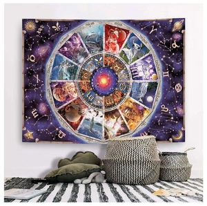 A close-up of a wall-mounted zodiac tapestry with astrological symbols in a cozy home setting