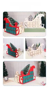 Detail of wooden sleigh advent calendar with 24 small countdown drawers and mini decor