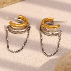 Modern two-tone gold and silver chain drop earrings in polished stainless steel