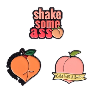 Cartoon enamel peach pins set with funny text Just Peachy for creative clothing decoration