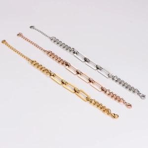 Three-tone stainless steel link bracelets in gold, silver, and rose gold for men and women