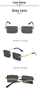 Detail view of gold snake-shaped metal temples and grey lenses on rimless sunglasses