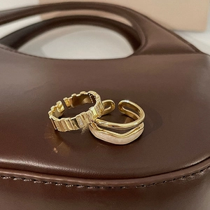 Octagon mother of pearl double layer open rings in gold finish with metal texture