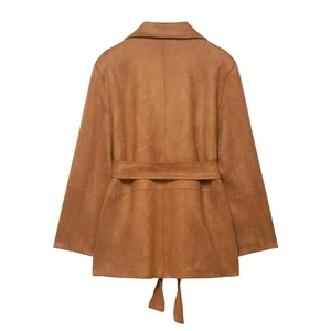 Women's brown faux suede blazer with waist belt shown from back view on white background