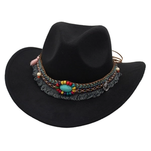 Chapeau de cowboy enfant en feutre noir avec perles turquoise et garniture à franges