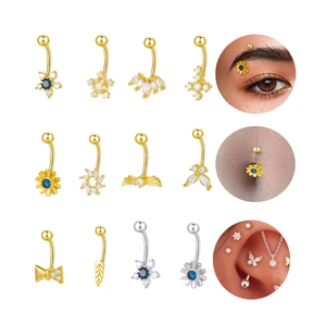 Set of 12 gold and silver belly rings with cubic zirconia butterfly and flower designs