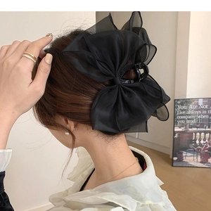 Elegant large black organza bow hair claw clip for women back of head hairstyle