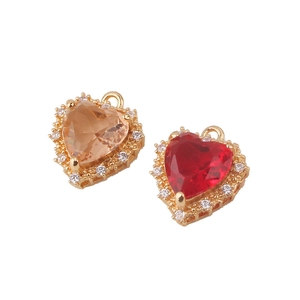 Gold-plated 3D heart pendants with champagne and red zircons for DIY jewelry making
