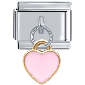 Detailed view of a silver modular bracelet link with a pink enamel heart pendant