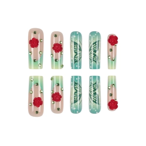 Pink and green gradient long trapezoid press-on nails with 3D roses and butterfly accents