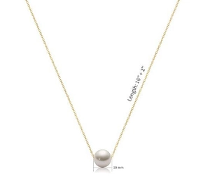 Detail of 10mm round white pearl pendant on golden chain with 16+2 inch measurements