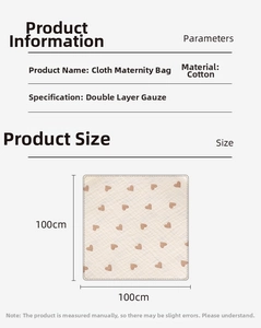 Size chart for 100x100cm cotton gauze baby blanket with brown heart patterns