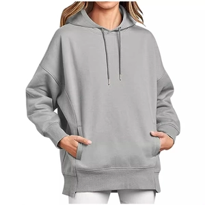 Women's casual oversized grey hoodie with dropped shoulders and front pocket