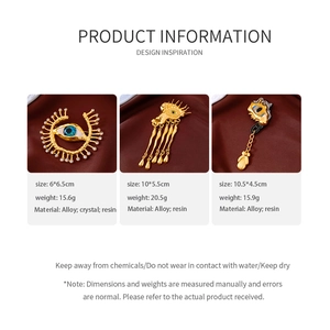 Macro detail of surreal gold eye brooches with crystal inlay and specific dimensions