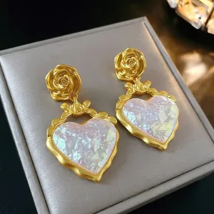 Boucles D'oreilles Pendantes Coeur Rose Vintage Résine Irisée Alliage Avec Tige En Argent Sterling 925 Bijoux Rétro