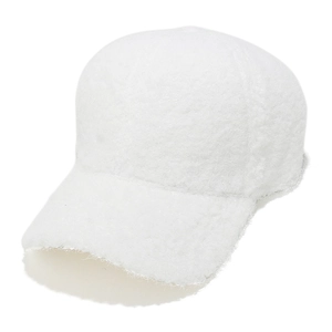 Side view detail of a thick white plush baseball cap made of soft faux wool material