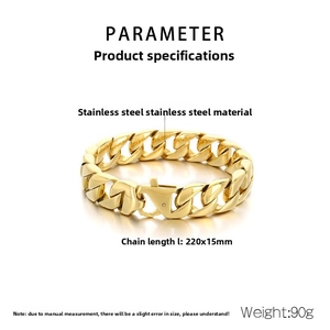 Macro detail of 15mm gold stainless steel Cuban chain bracelet with dimensions