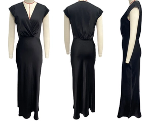 Three-view display of black satin V-neck sleeveless fishtail dress showing fit and detail