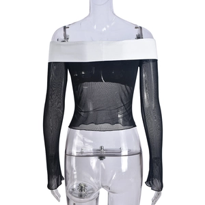 Detailed view of the off-shoulder neckline and sheer mesh fabric on black long sleeve top