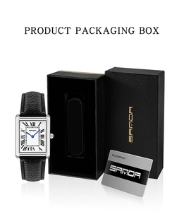 Classic rectangle silver watch with black leather strap and premium branded gift box set
