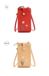 Vertical mini phone crossbody bag in red and apricot with golden tulip flower design
