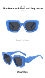 Detail view of stylish blue polygon sunglasses with geometric temples and grey lenses