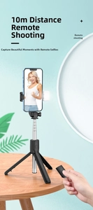 Detail view of foldable selfie stick tripod with integrated LED light and 10m remote control
